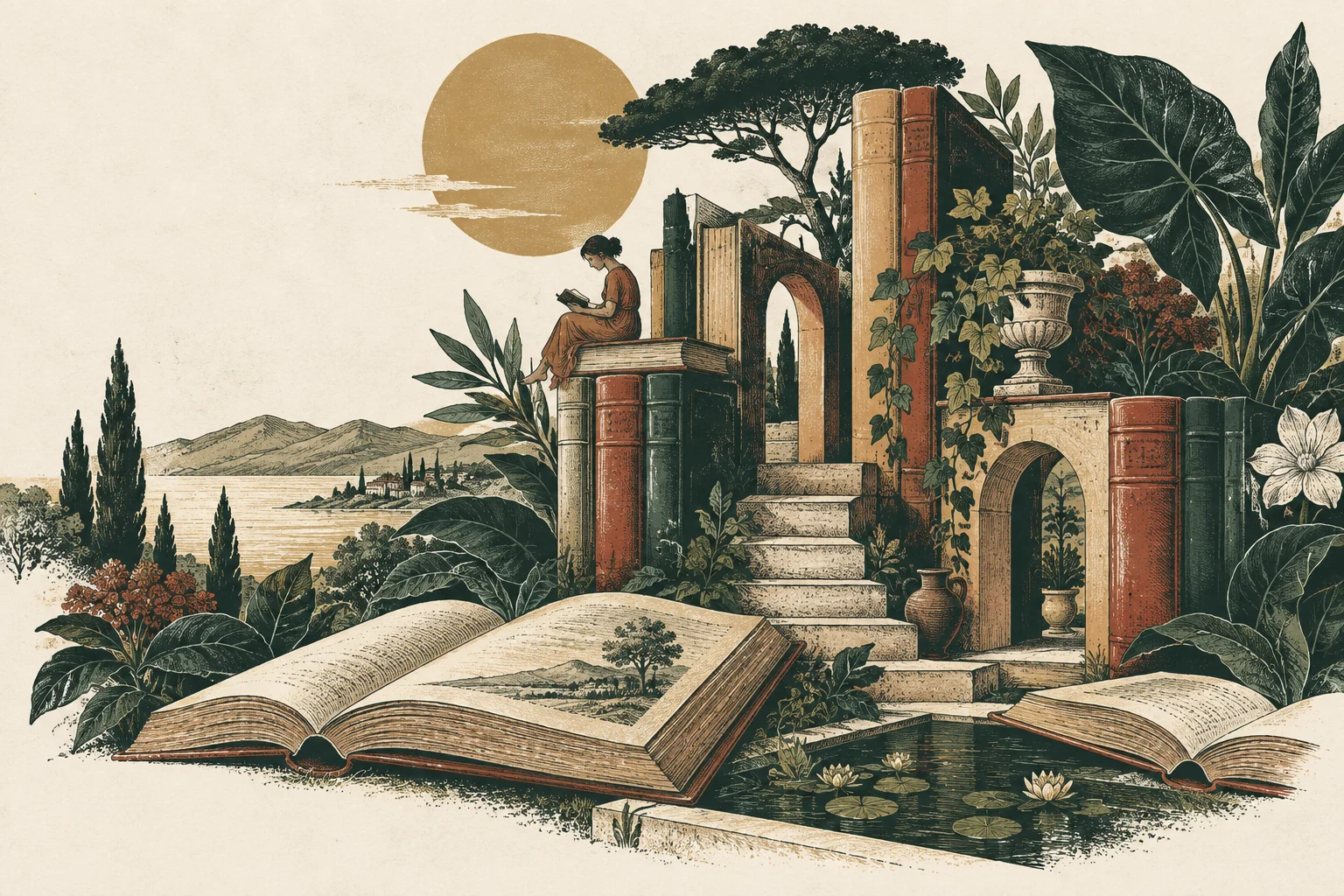 Um jardim literário com livros que se transformam em caminhos, árvores e novos mundos.